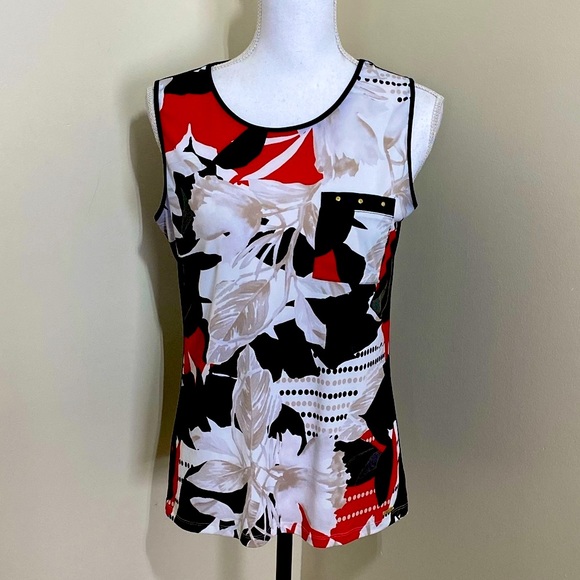 Calvin Klein || Woman’s Faux-Leather-Trim Top Ivory Red size Sz: Small - Picture 3 of 8